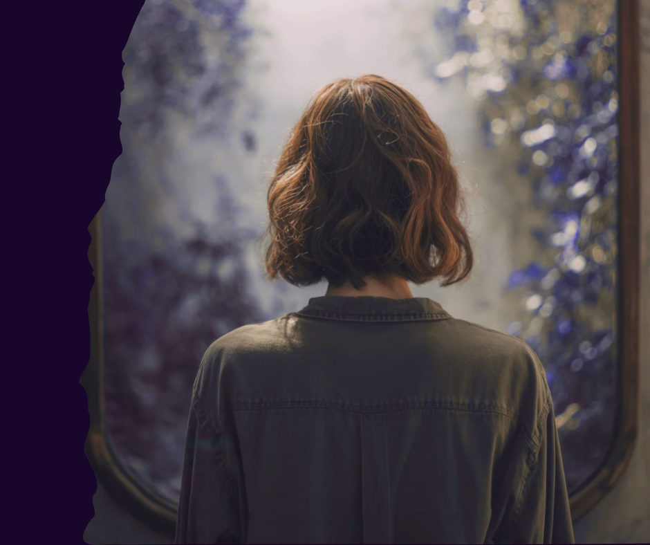 A person looking into a fragmented mirror, whose reflection shows exhaustion, symbolizing the self-rejection hidden behind perfectionism.