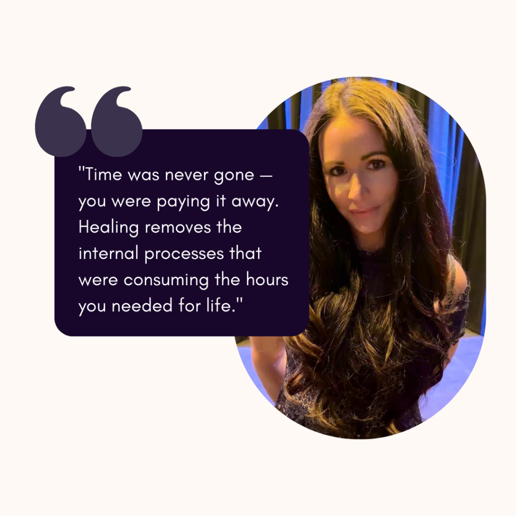 Quote graphic featuring a dark-haired woman. The text reads: "Time was never gone – you were paying it away. Healing removes the internal processes that were consuming the hours you needed for life." This supports the topic of nervous system healing time recovery.