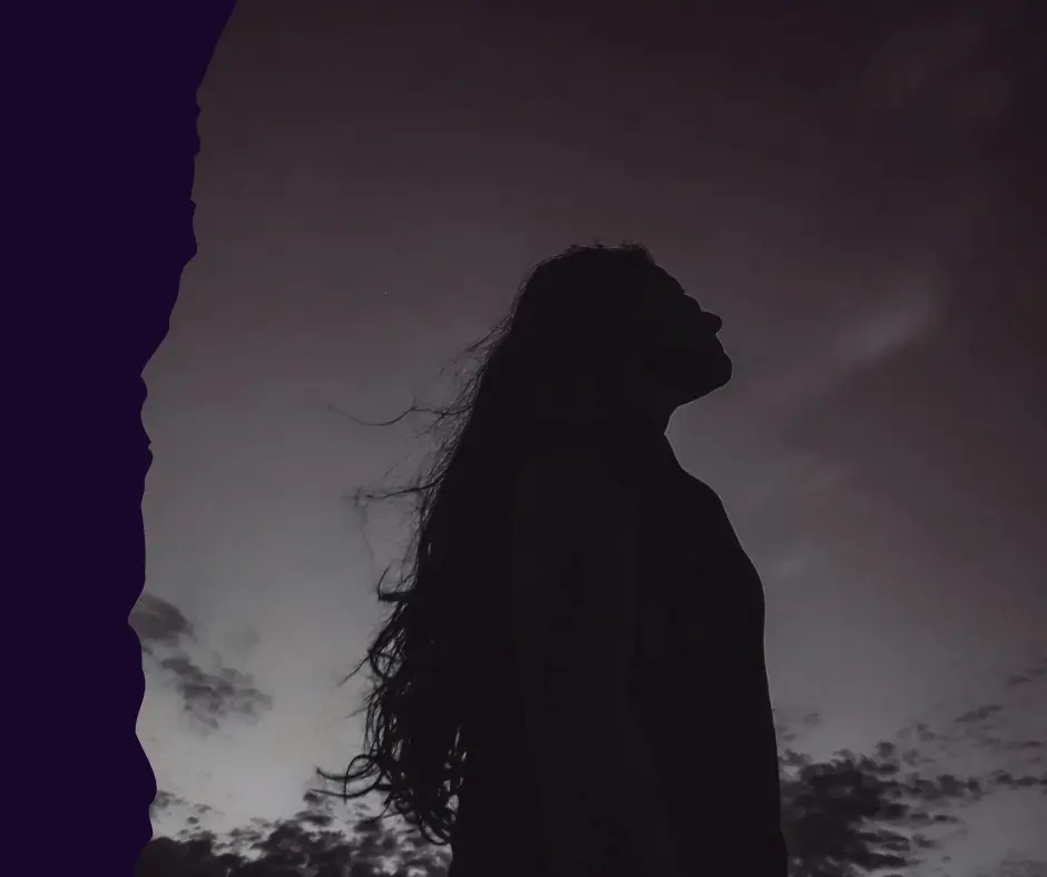 Dark, high-contrast silhouette of a woman looking up toward a cloudy, stormy, or twilight sky. Her long hair is slightly lifted by the wind, conveying a sense of contemplation or facing a challenge.