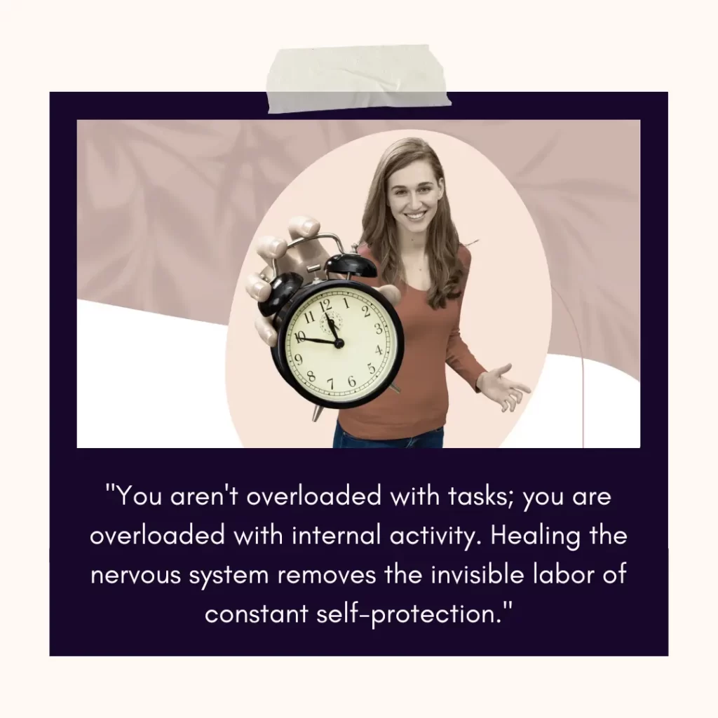 Quote about nervous system healing and reclaiming time from internal activity and self-protection, featuring a woman holding a clock.