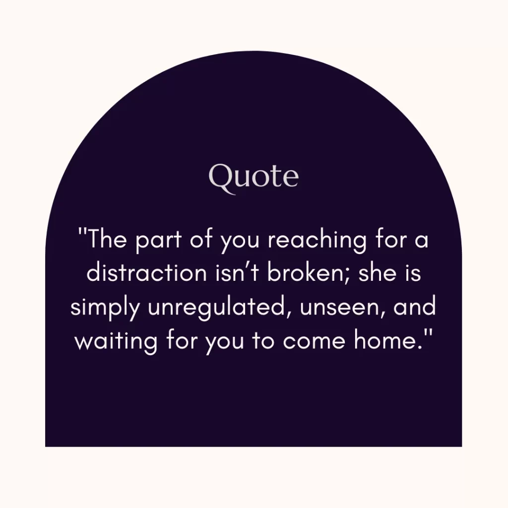 A dark purple arch containing a quote about healing self-abandonment and nervous system regulation.
