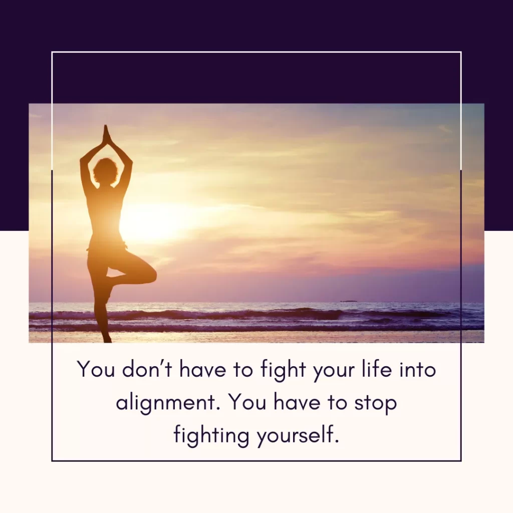 : Inspirational quote about ending internal conflict to find life alignment.