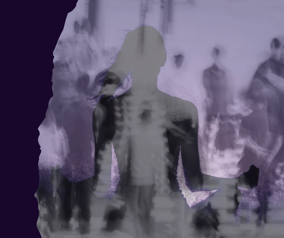 Calm grounded woman standing peacefully in a chaotic fast-moving city crowd