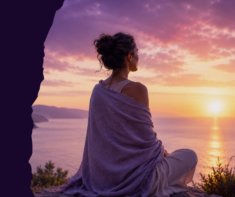 Woman sitting peacefully at sunset overlooking the ocean, symbolizing emotional independence, self-worth, and nervous system regulation.