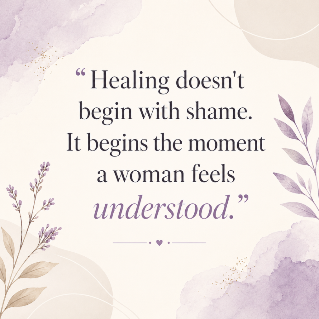 Inspirational quote reading, “Healing doesn’t begin with shame. It begins the moment a woman feels understood,” on a soft cream and purple floral background.