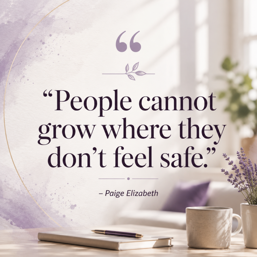 Quote reading “People cannot grow where they don’t feel safe” beside a young plant representing growth.