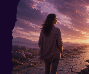 Woman standing at sunrise during a season of midlife transformation with a soft purple sky