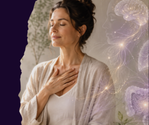 Woman practicing mindful breathing with illustrations representing how chronic stress can affect the brain, lungs, gut and nervous system