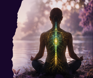 Woman meditating by the water with an illustrated nervous system and subtle purple tones