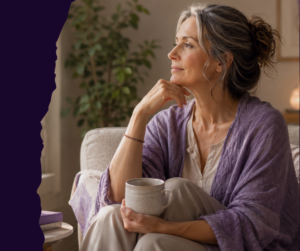 Woman in midlife reflecting on menopause, self-care, boundaries, and reclaiming her personal voice